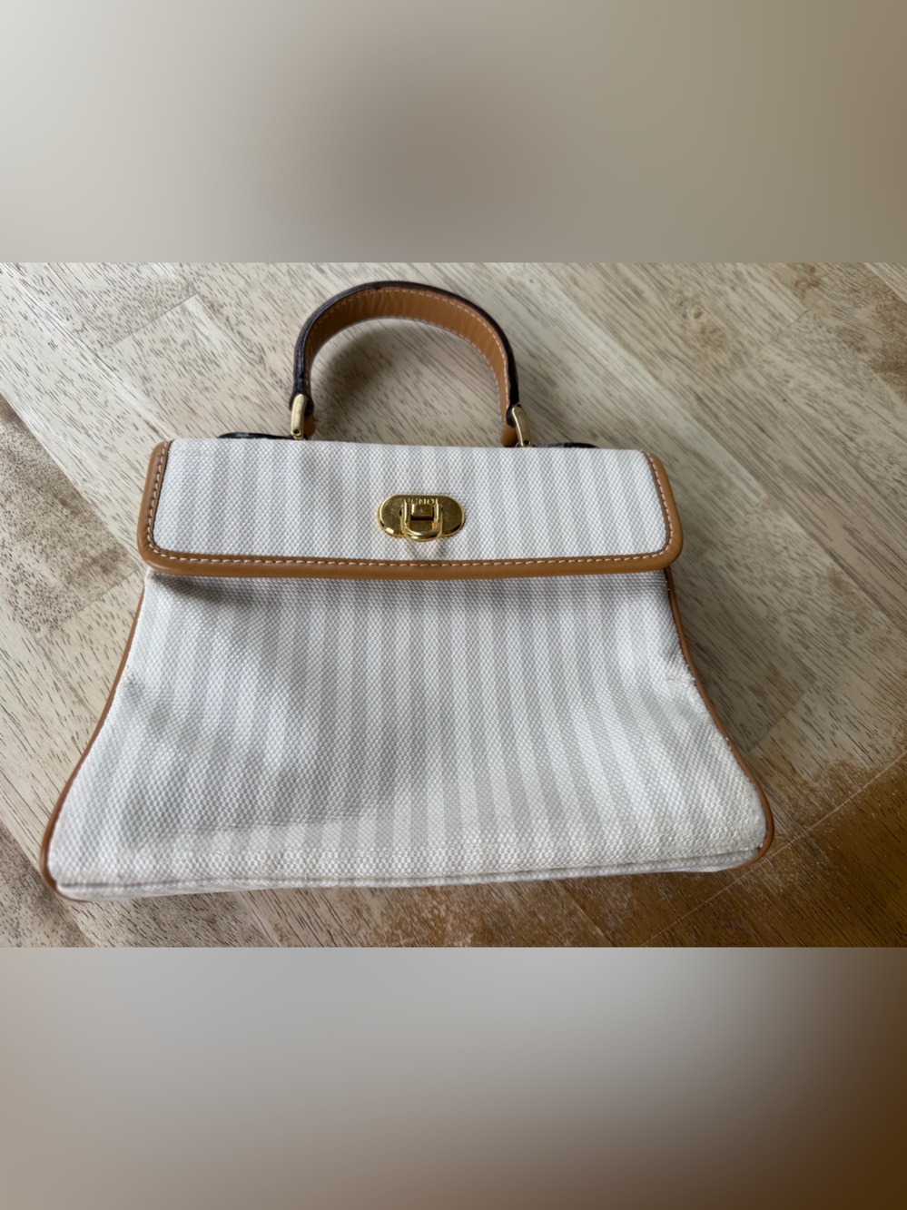 Vintage Fendi Cream and Tan Striped Canvas Top-Handle Satchel - Picture 2 of 4